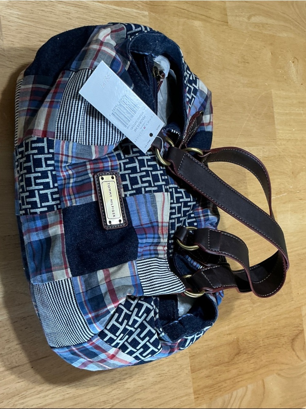 Tommy Hilfiger Navy and Brown Patchwork Shoulder Tote